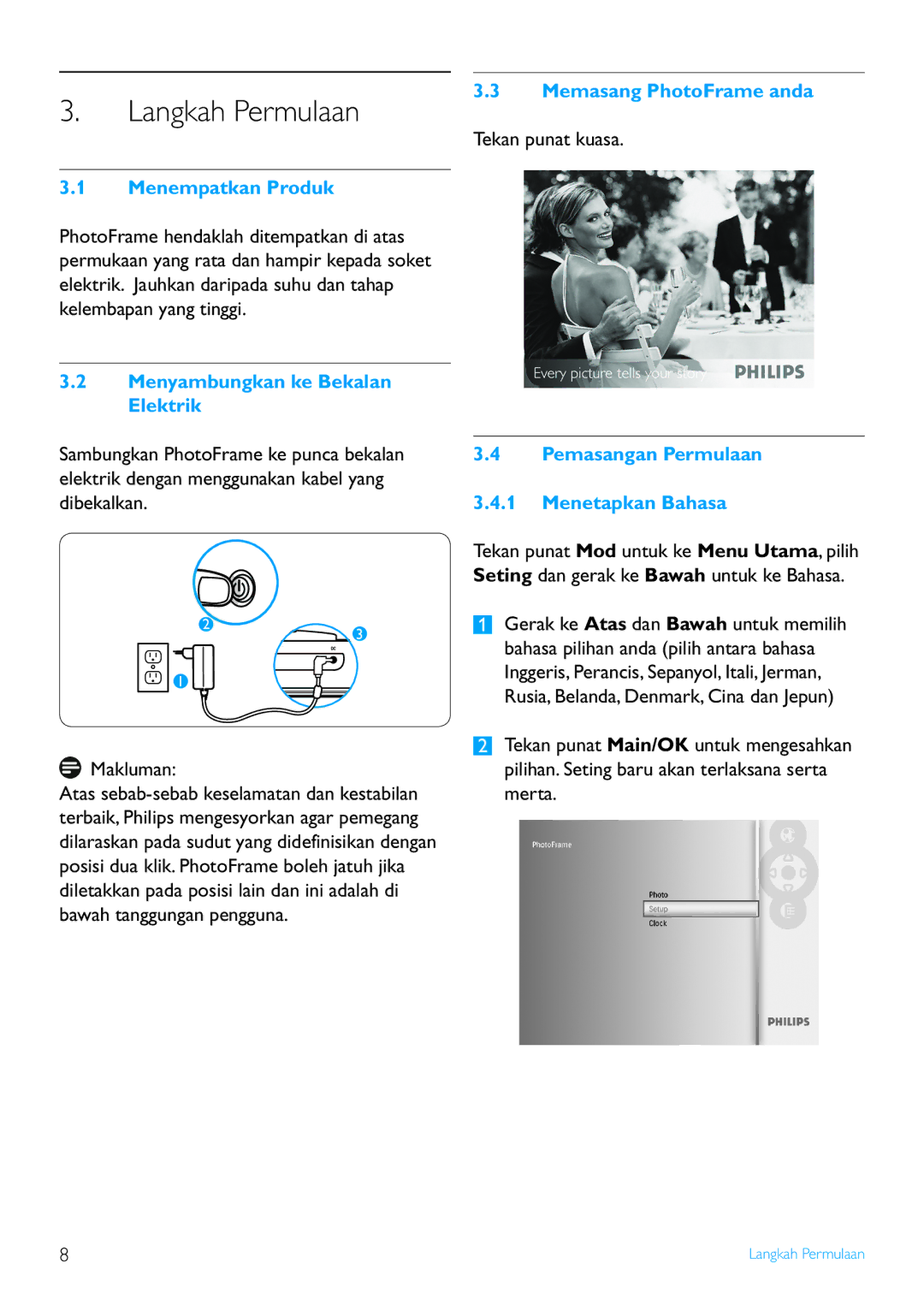 Philips 7FF3FP Series Langkah Permulaan, Menempatkan Produk, Menyambungkan ke Bekalan Elektrik, Memasang PhotoFrame anda 