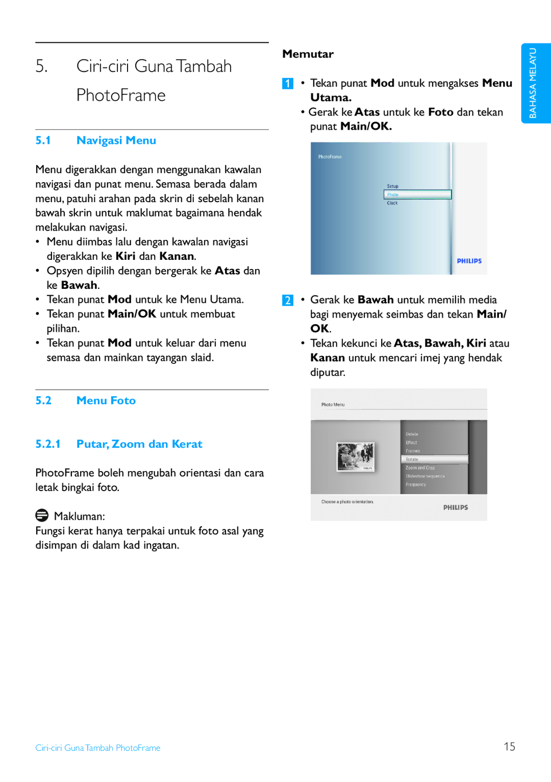 Philips 6FF3FP Series, 8FF3FP Series, 7FF3FP Series Navigasi Menu, Menu Foto Putar, Zoom dan Kerat, Memutar, Utama 