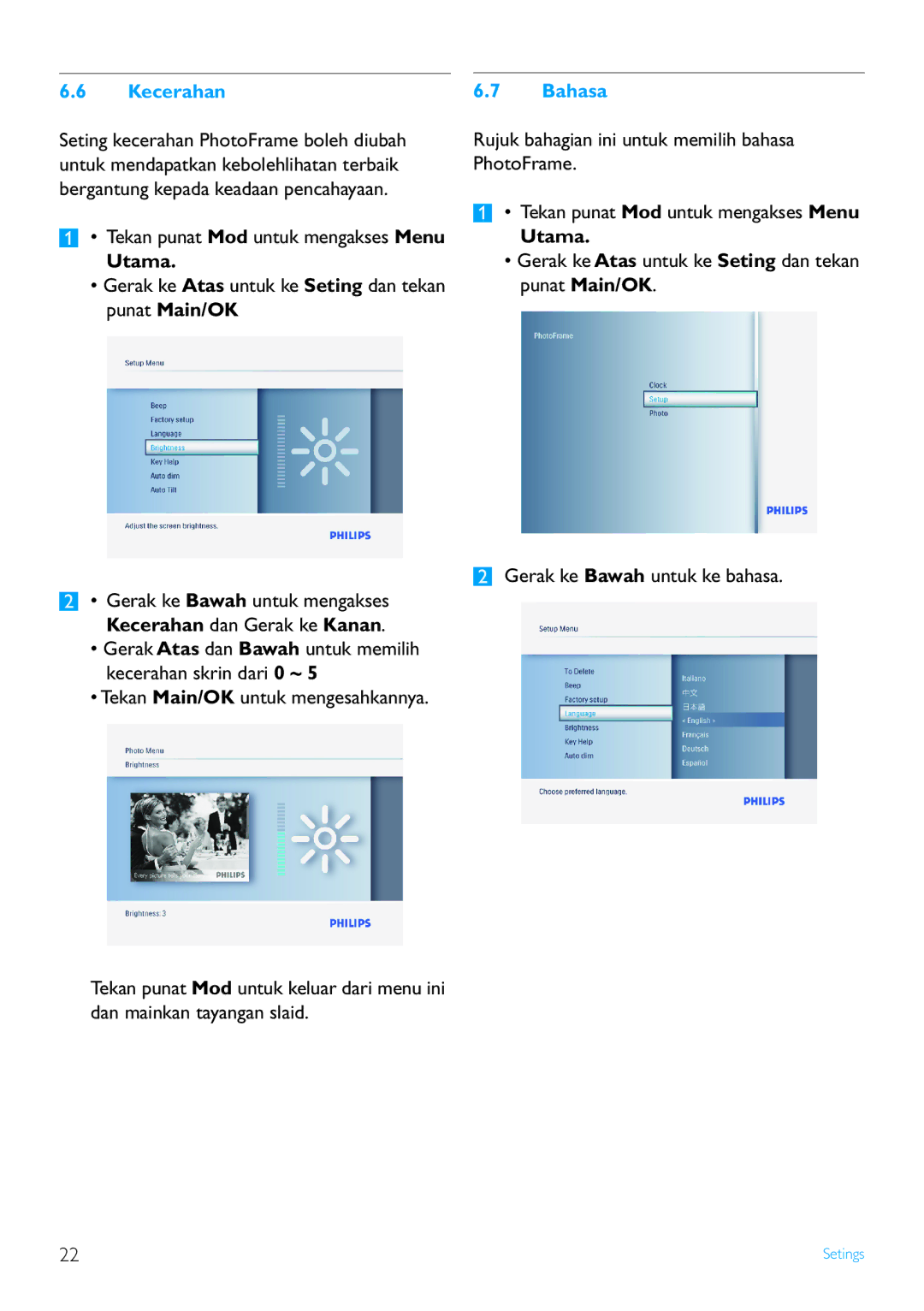 Philips 8FF3FP Series, 7FF3FP Series, 6FF3FP Series user manual Kecerahan, Bahasa 