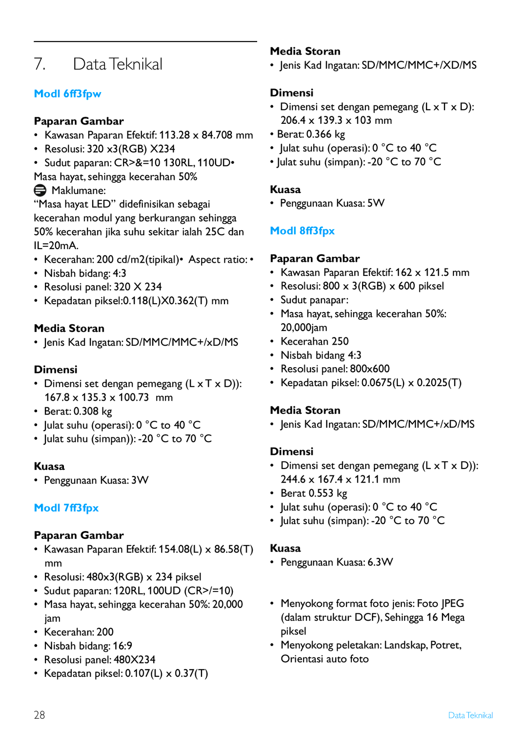 Philips 8FF3FP Series, 7FF3FP Series, 6FF3FP Series user manual Data Teknikal, Modl 6ff3fpw, Modl 7ff3fpx, Modl 8ff3fpx 