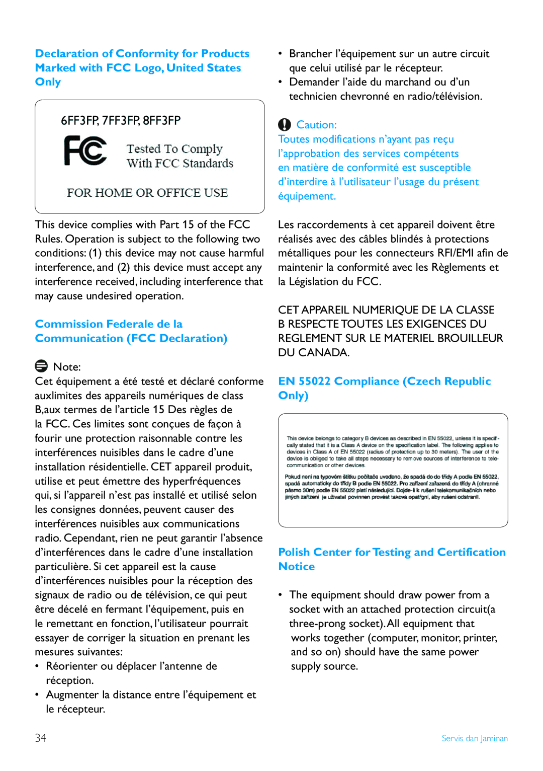 Philips 8FF3FP Series, 7FF3FP Series, 6FF3FP Series user manual Commission Federale de la Communication FCC Declaration 