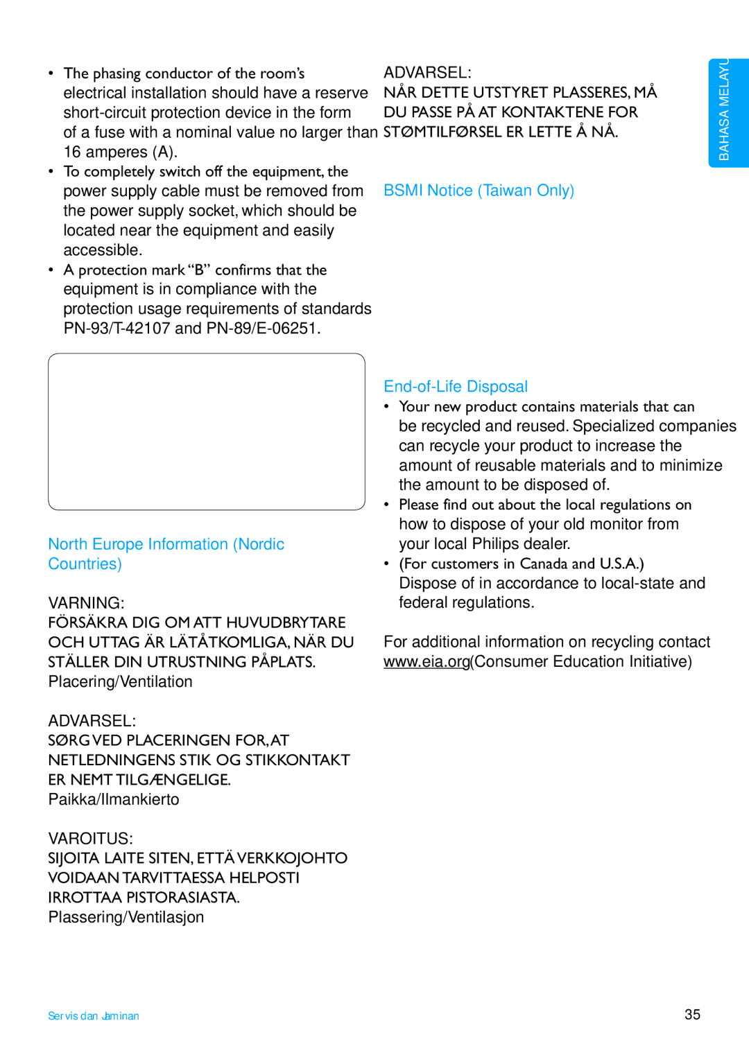 Philips 7FF3FP Series user manual North Europe Information Nordic Countries, Bsmi Notice Taiwan Only End-of-Life Disposal 