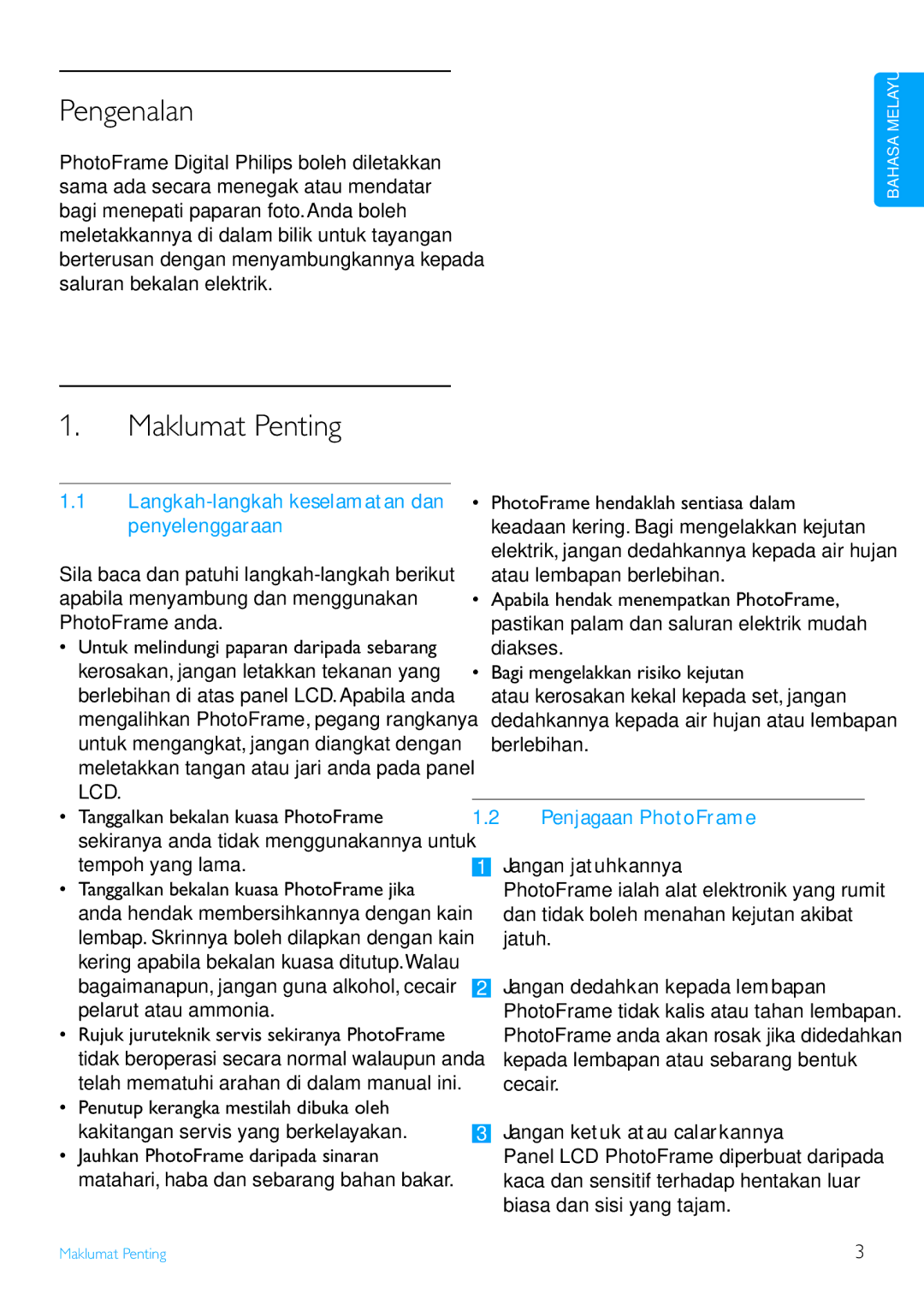 Philips 6FF3FP Series Pengenalan, Maklumat Penting, Langkah-langkah keselamatan dan penyelenggaraan, Penjagaan PhotoFrame 