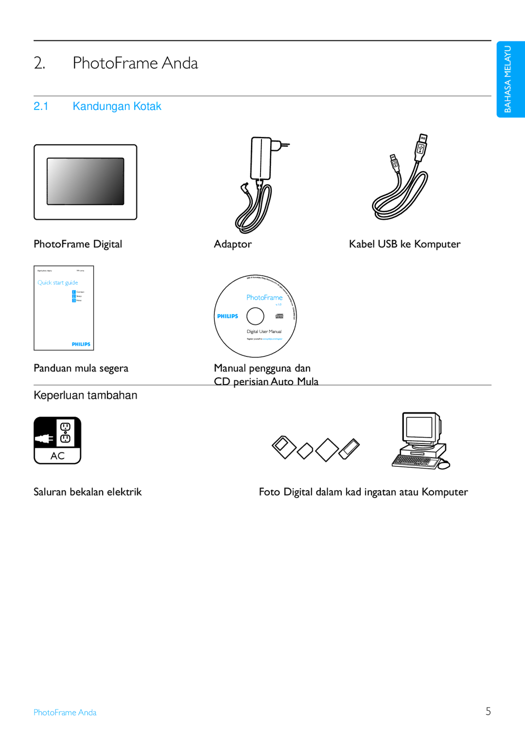 Philips 7FF3FP Series, 8FF3FP Series PhotoFrame Anda, Kandungan Kotak, PhotoFrame Digital Adaptor, Keperluan tambahan 