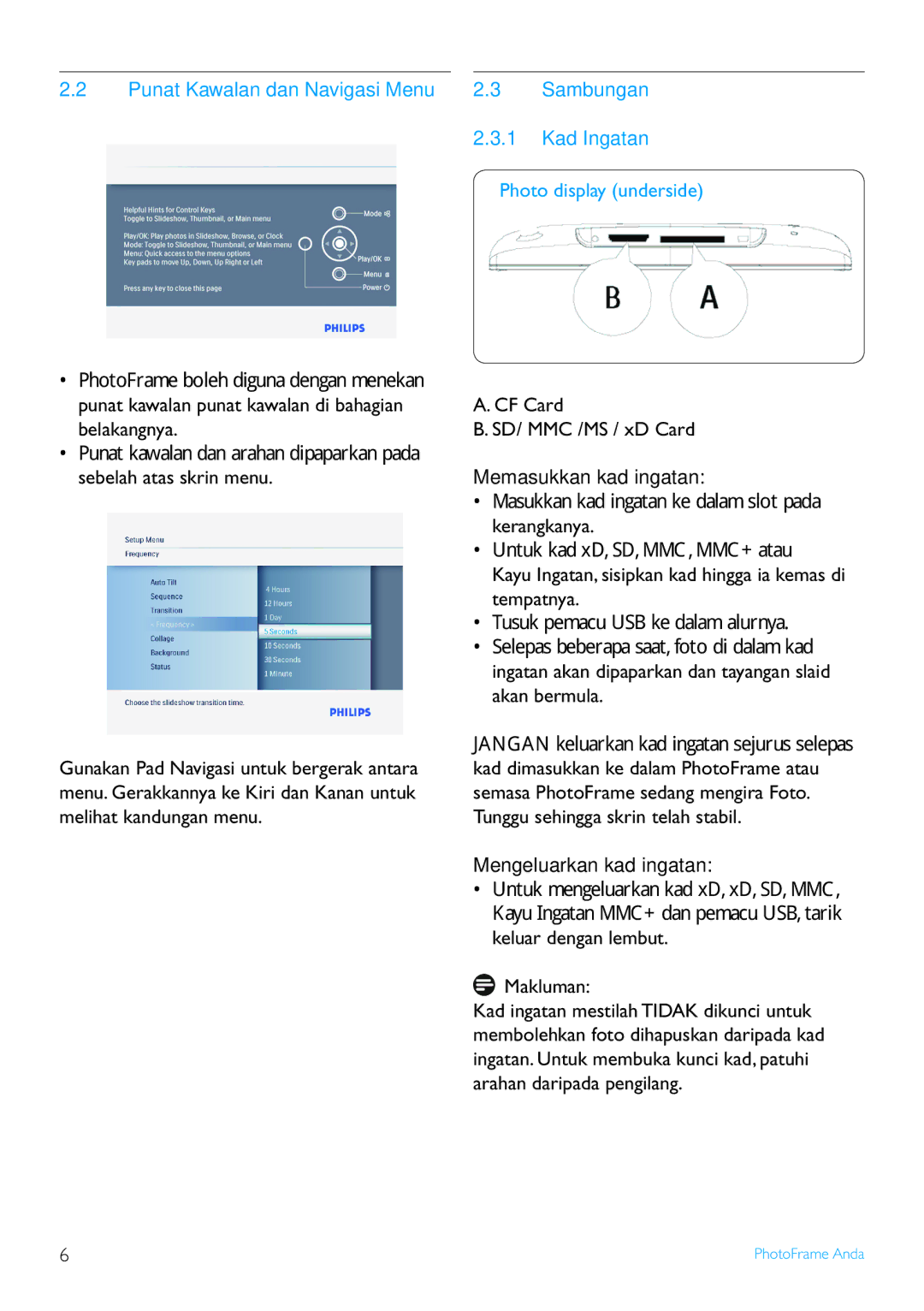 Philips 6FF3FP Series Punat Kawalan dan Navigasi Menu, Kad Ingatan, Memasukkan kad ingatan, Mengeluarkan kad ingatan 