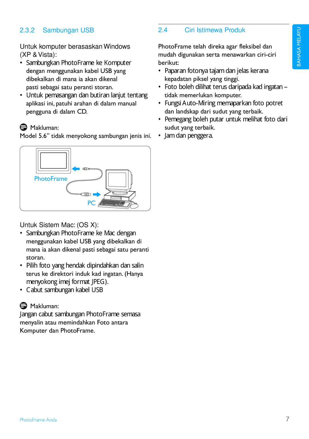 Philips 8FF3FP Series, 7FF3FP Series Sambungan USB, Untuk komputer berasaskan Windows XP & Vista, Untuk Sistem Mac OS 