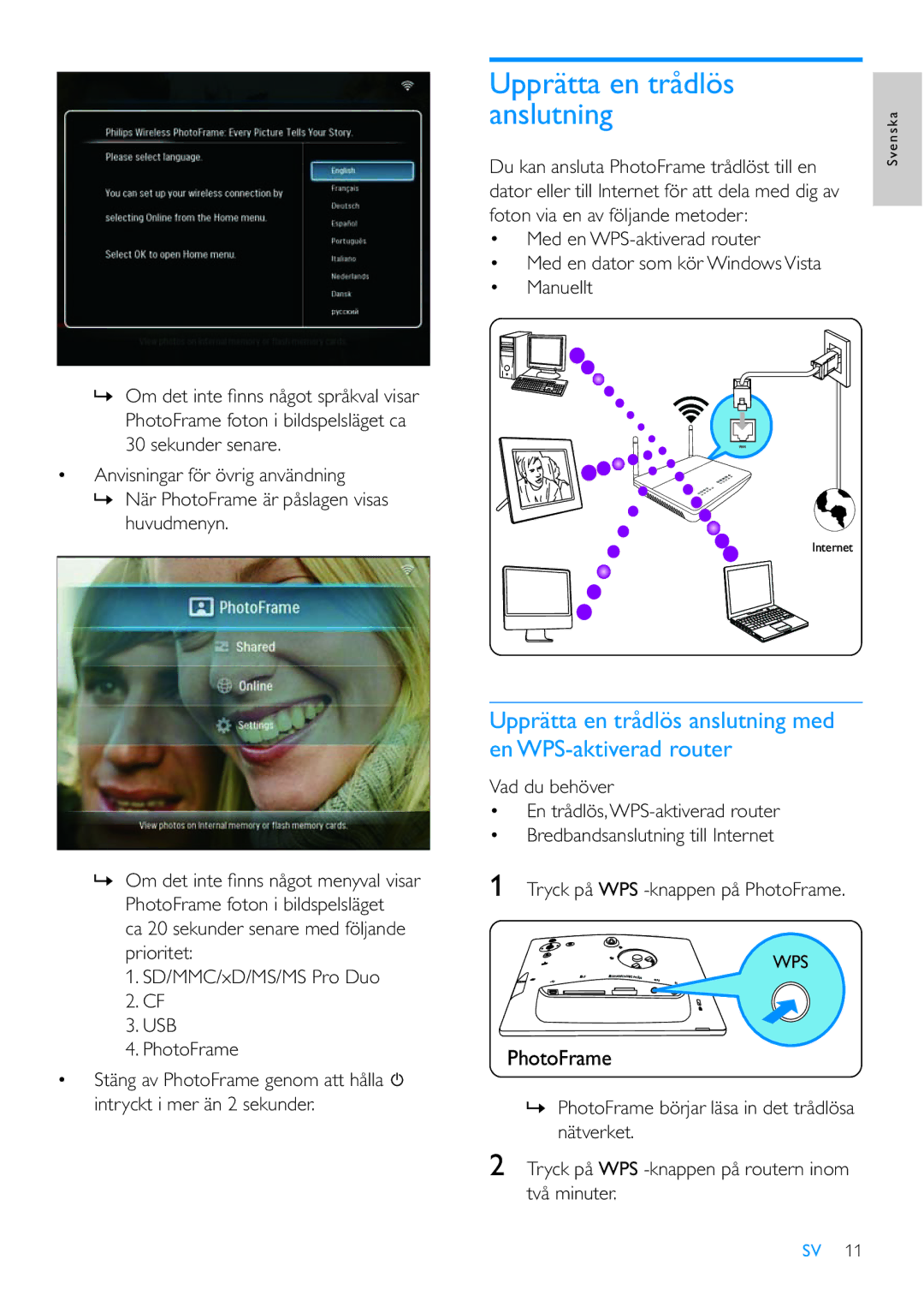 Philips 8FF3WMI manual Upprätta en trådlös Anslutning, Upprätta en trådlös anslutning med enWPS-aktiverad router 