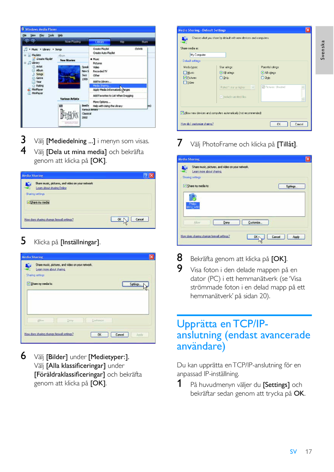 Philips 8FF3WMI manual Upprätta enTCP/IP- anslutning endast avancerade användare 