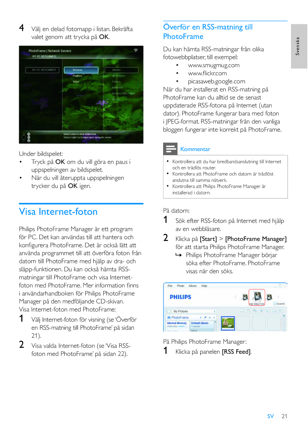 Philips 8FF3WMI manual Visa Internet-foton, Överför en RSS-matning till PhotoFrame 