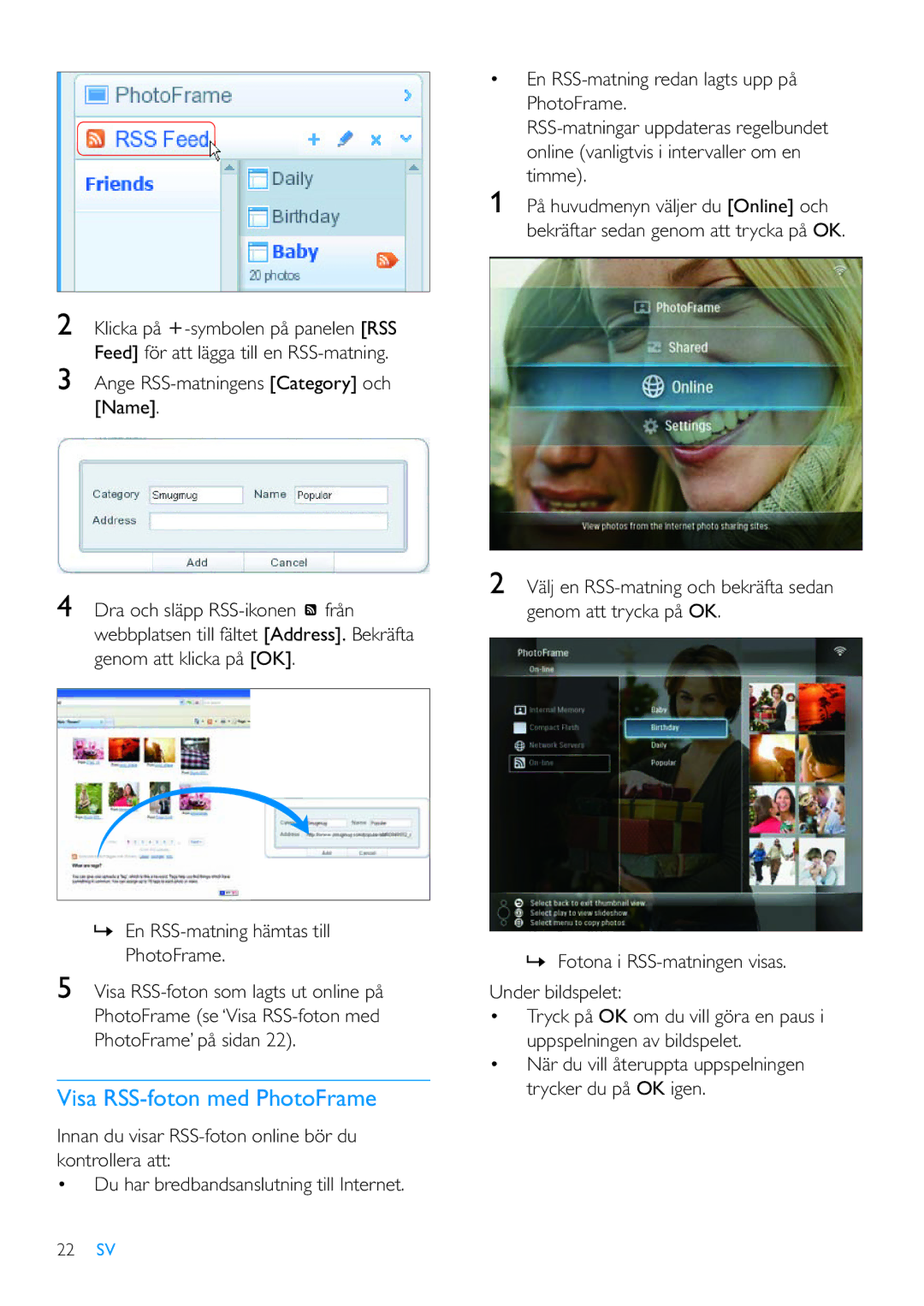 Philips 8FF3WMI manual Visa RSS-foton med PhotoFrame 