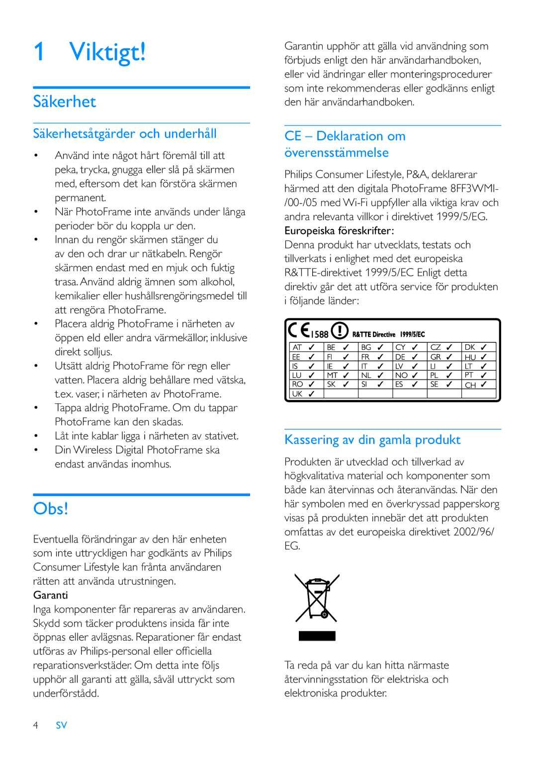 Philips 8FF3WMI manual Obs, Säkerhetsåtgärder och underhåll, Kassering av din gamla produkt 