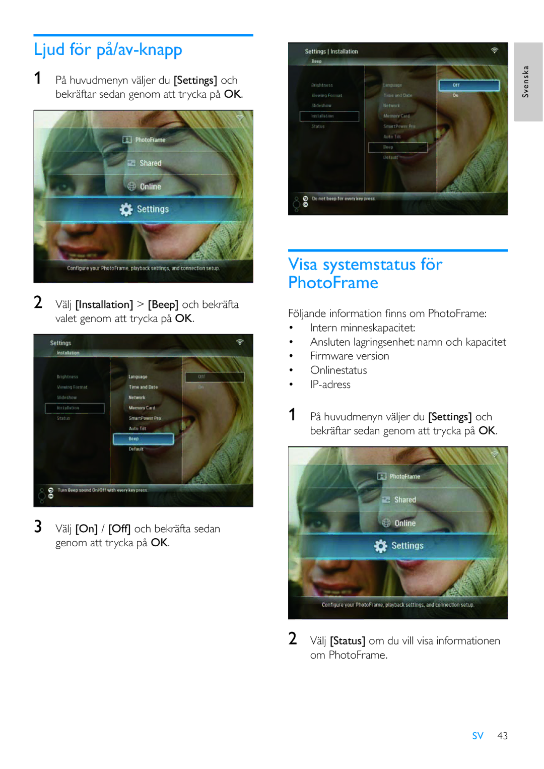 Philips 8FF3WMI manual Ljud för på/av-knapp, Visa systemstatus för PhotoFrame 