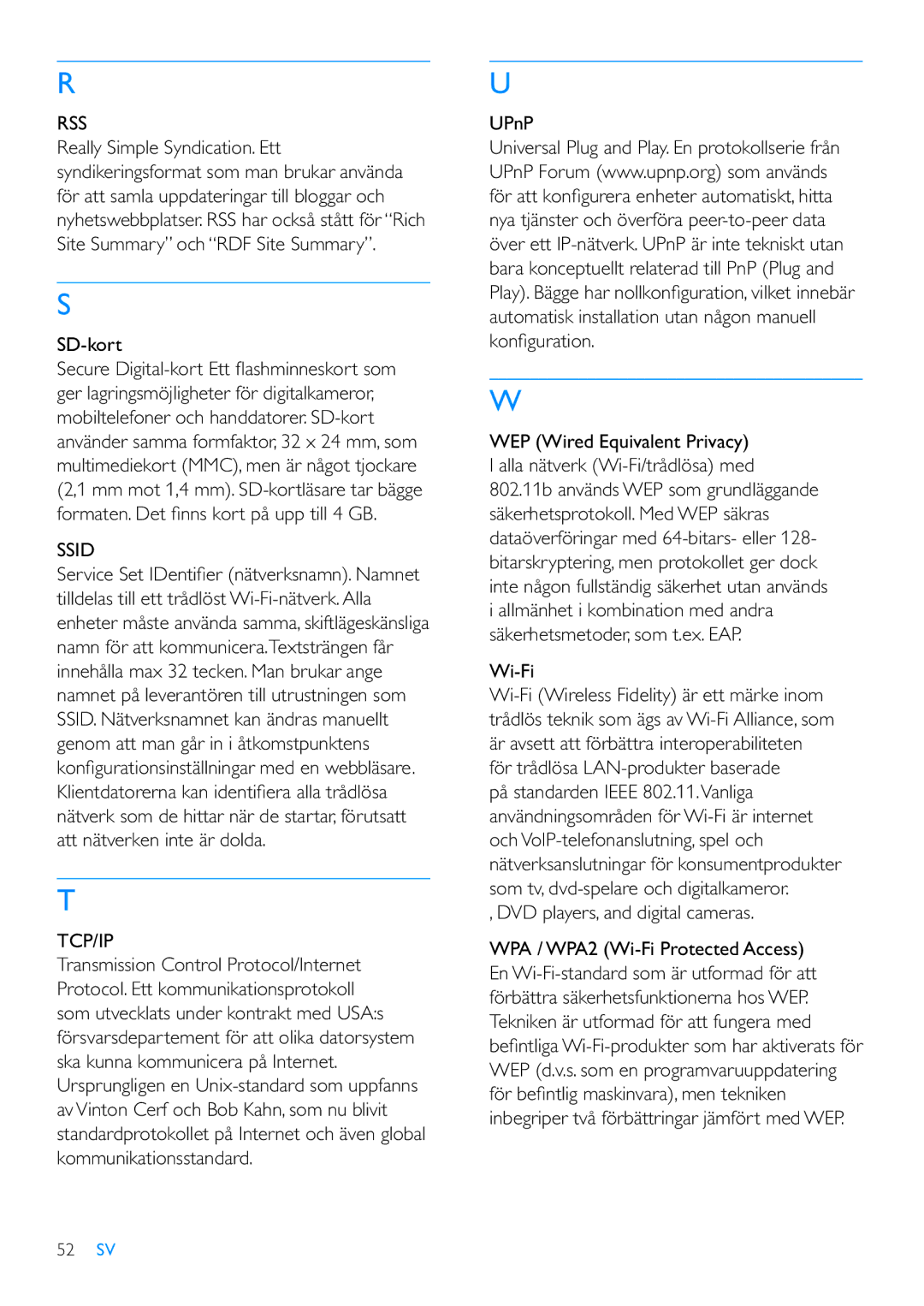 Philips 8FF3WMI manual SD-kort, UPnP, Wi-Fi, DVD players, and digital cameras 