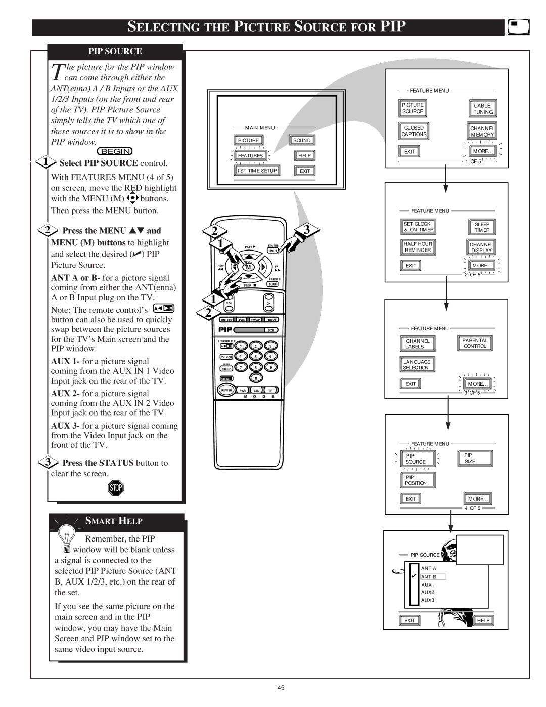 Philips 8P4844C, 8P6044C Selecting the Picture Source for PIP, Select PIP Source control, Menu M buttons to highlight 