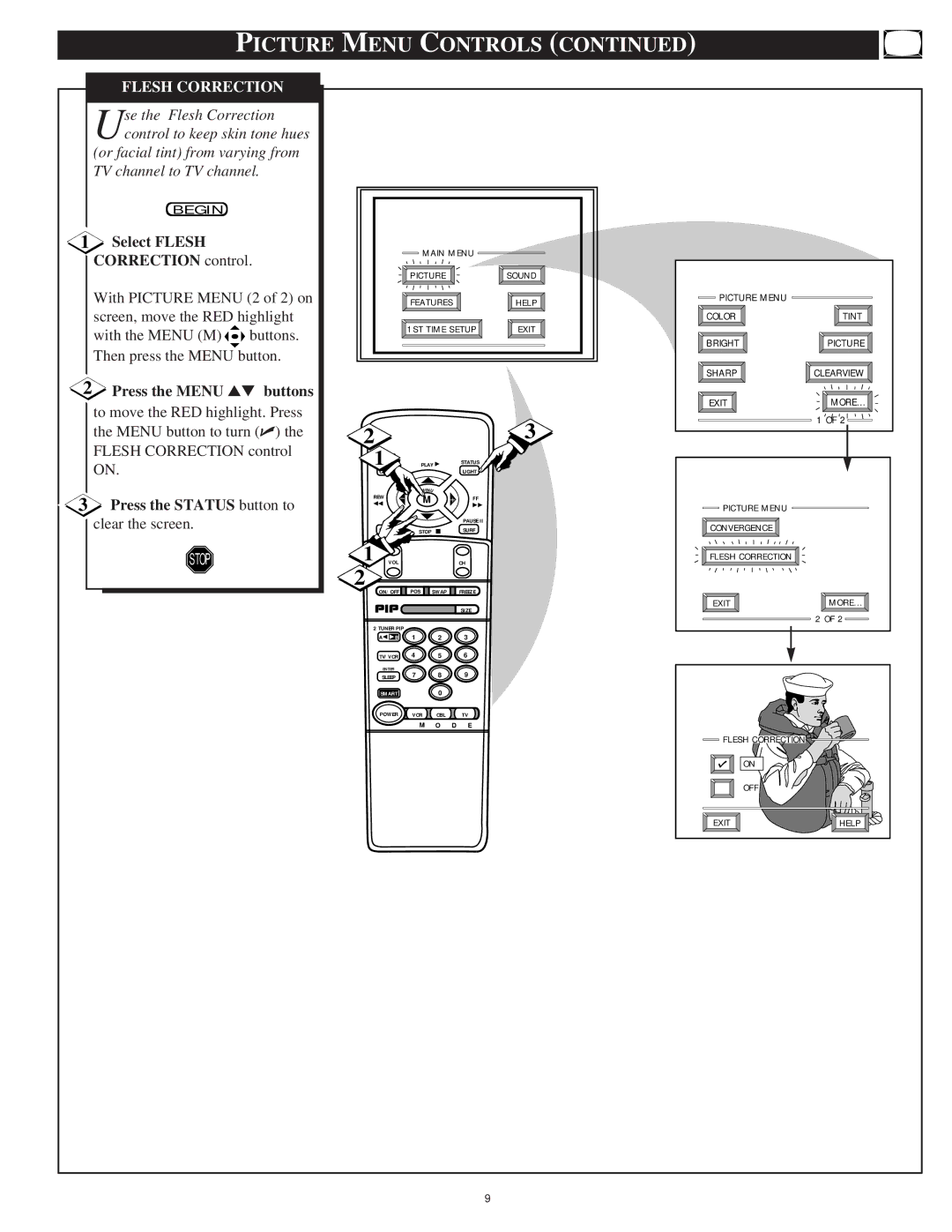 Philips 8P6041C Flesh Correction, Select Flesh, Correction control, Press the Menu buttons, Press the Status button to 