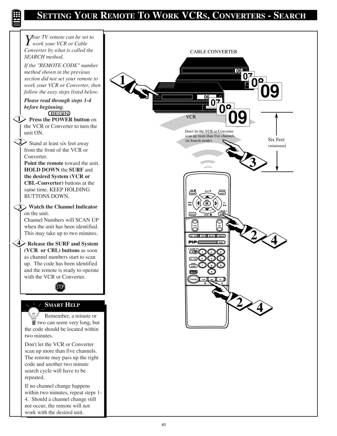 Philips 8P6054C Setting Your Remote to Work VCRS, Converters Search, Please read through steps 1-4 before beginning 