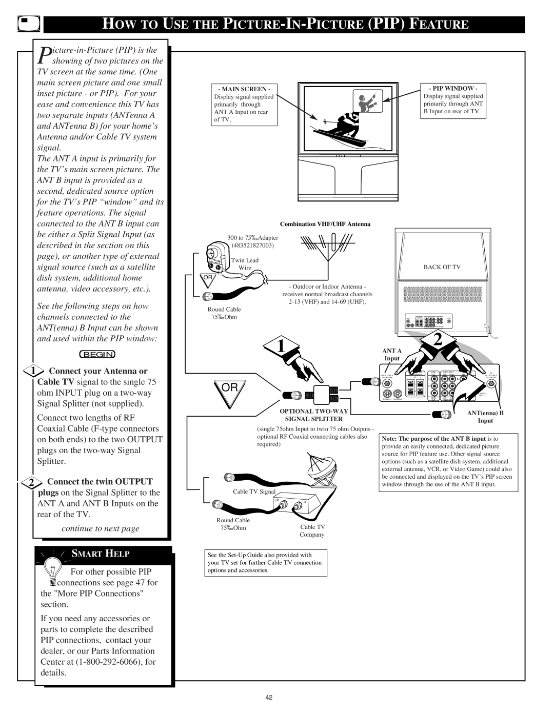 Philips 8P6054C warranty HOW to USE the PICTURE-IN-PICTURE PIP Feature, Connect your Antenna or, Connect the twin Output 