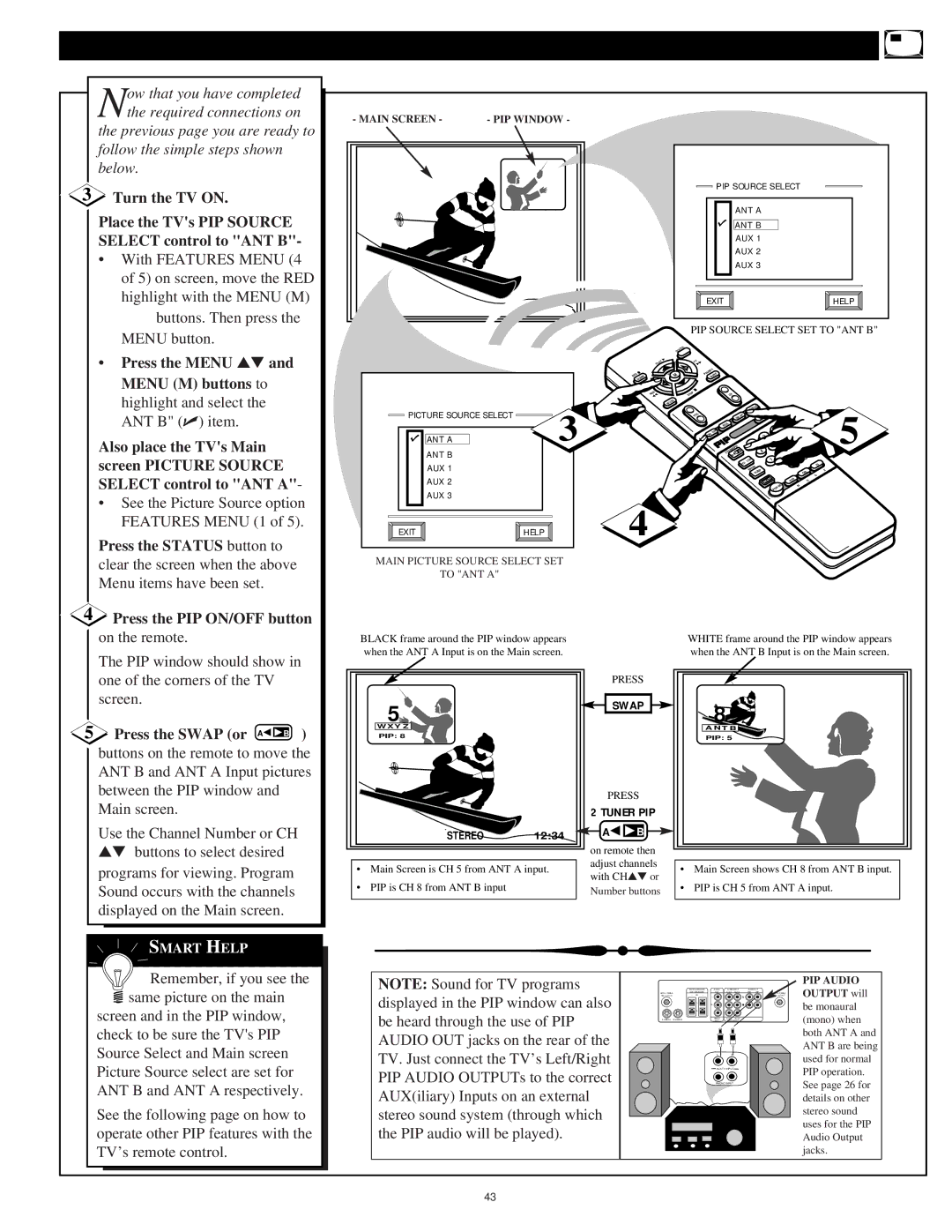 Philips 8P6054C Turn the TV on, Place the TVs PIP Source, Select control to ANT B, Press the Menu, Menu M buttons to 