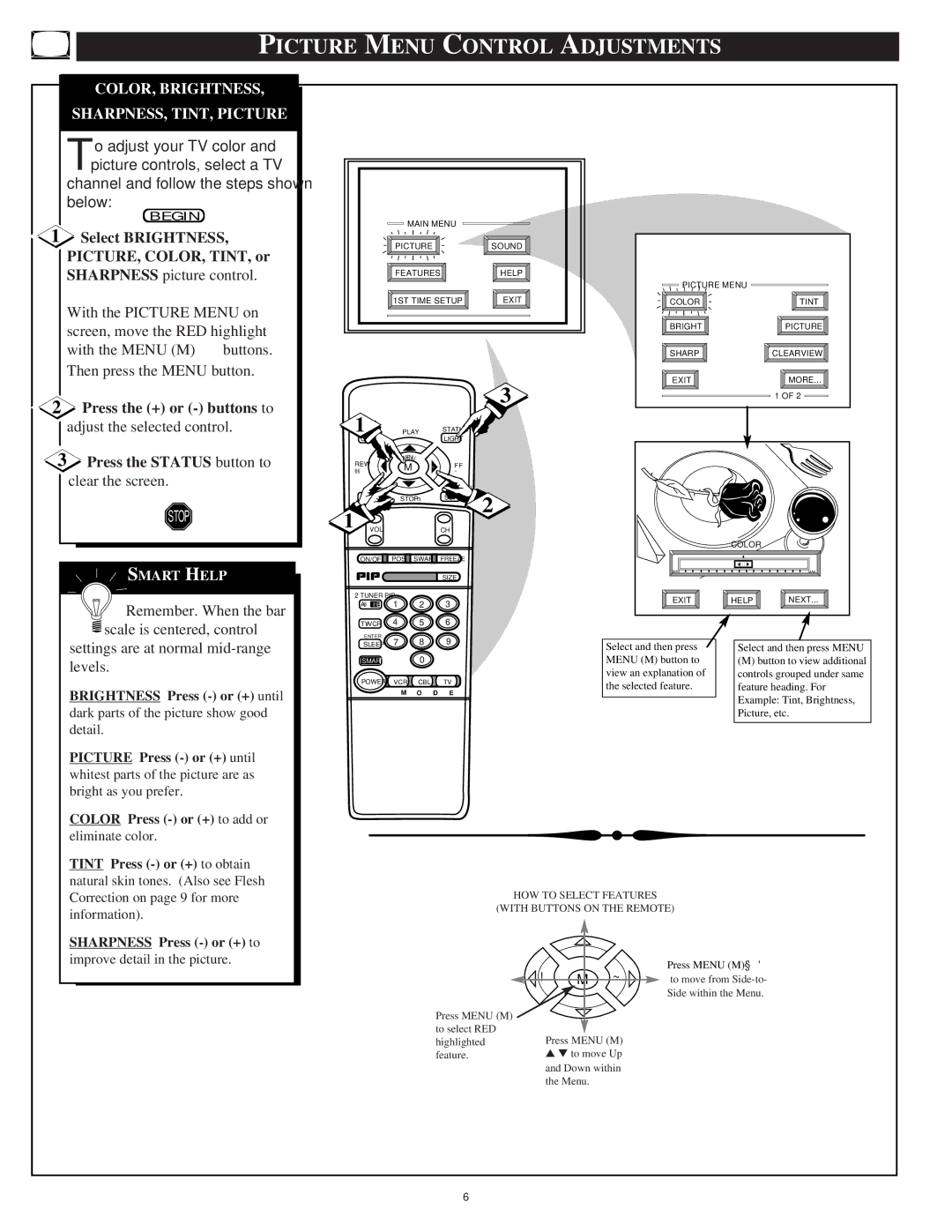 Philips 8P6054C warranty Picture Menu Control Adjustments, COLOR, Brightness SHARPNESS, TINT, Picture 