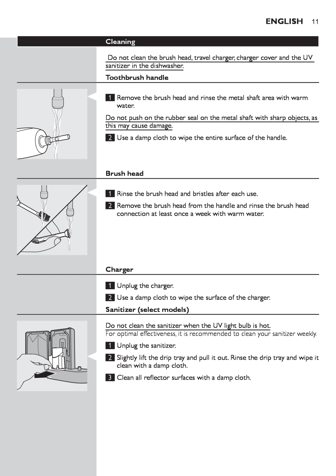 Philips 900 Series manual Cleaning, Toothbrush handle, Brush head, Charger, Sanitizer select models, English 