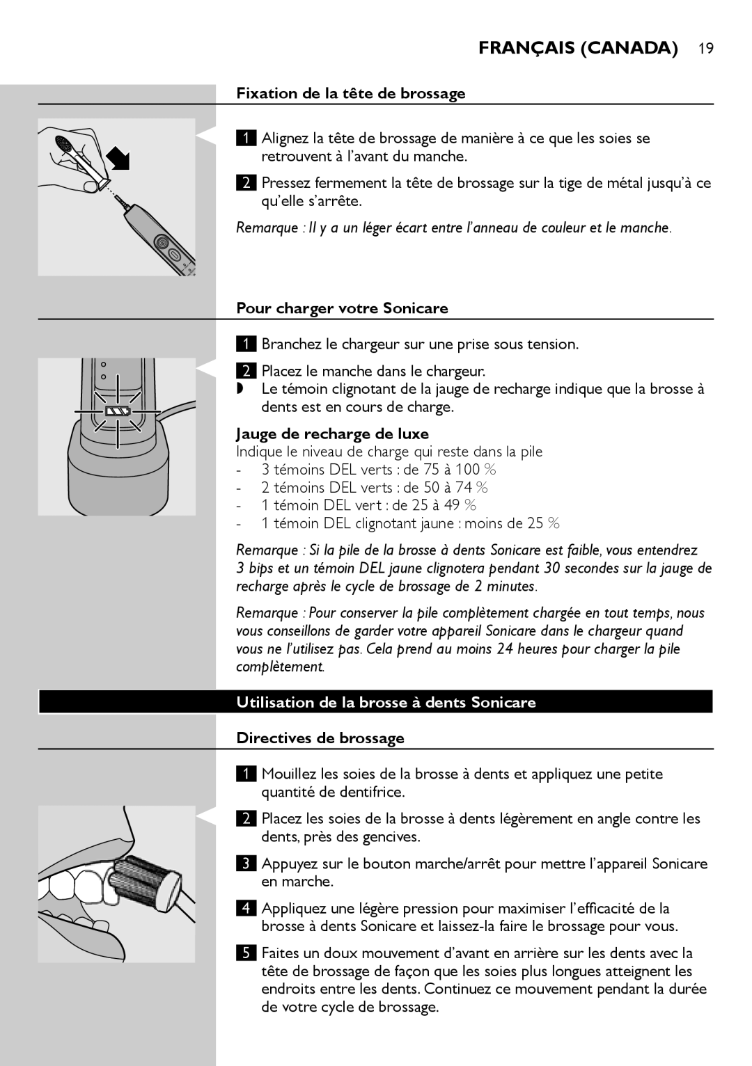 Philips 900 Series manual Fixation de la tête de brossage, Pour charger votre Sonicare, Jauge de recharge de luxe, 1 2 3 4 