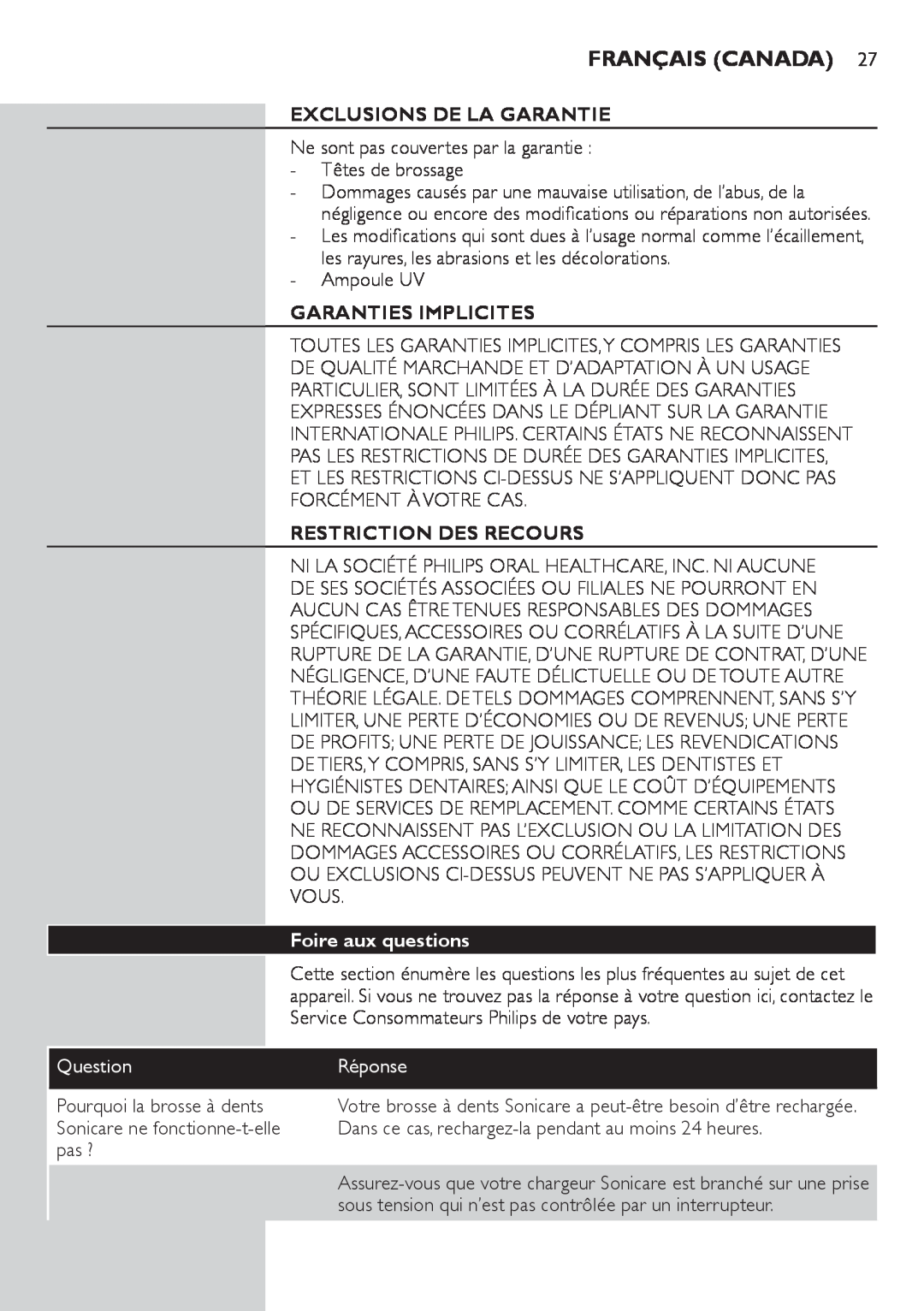 Philips 900 Series Exclusions De La Garantie, Garanties Implicites, Restriction Des Recours, Foire aux questions, Réponse 