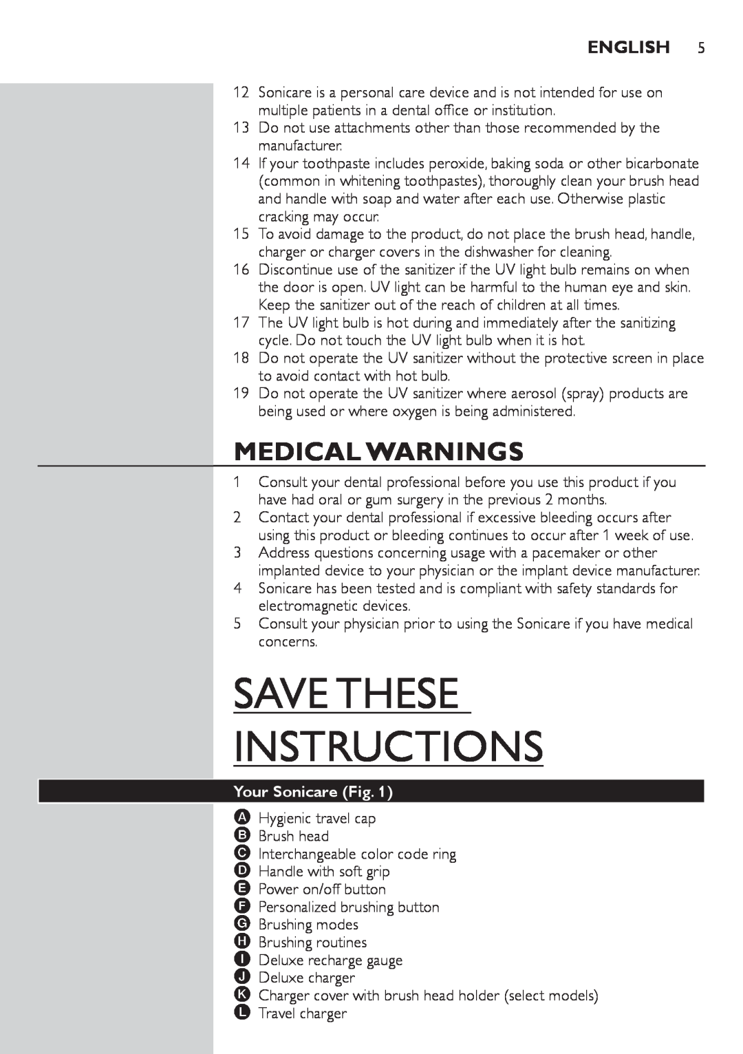 Philips 900 Series manual Medical Warnings, English , Your Sonicare Fig, Save These Instructions 