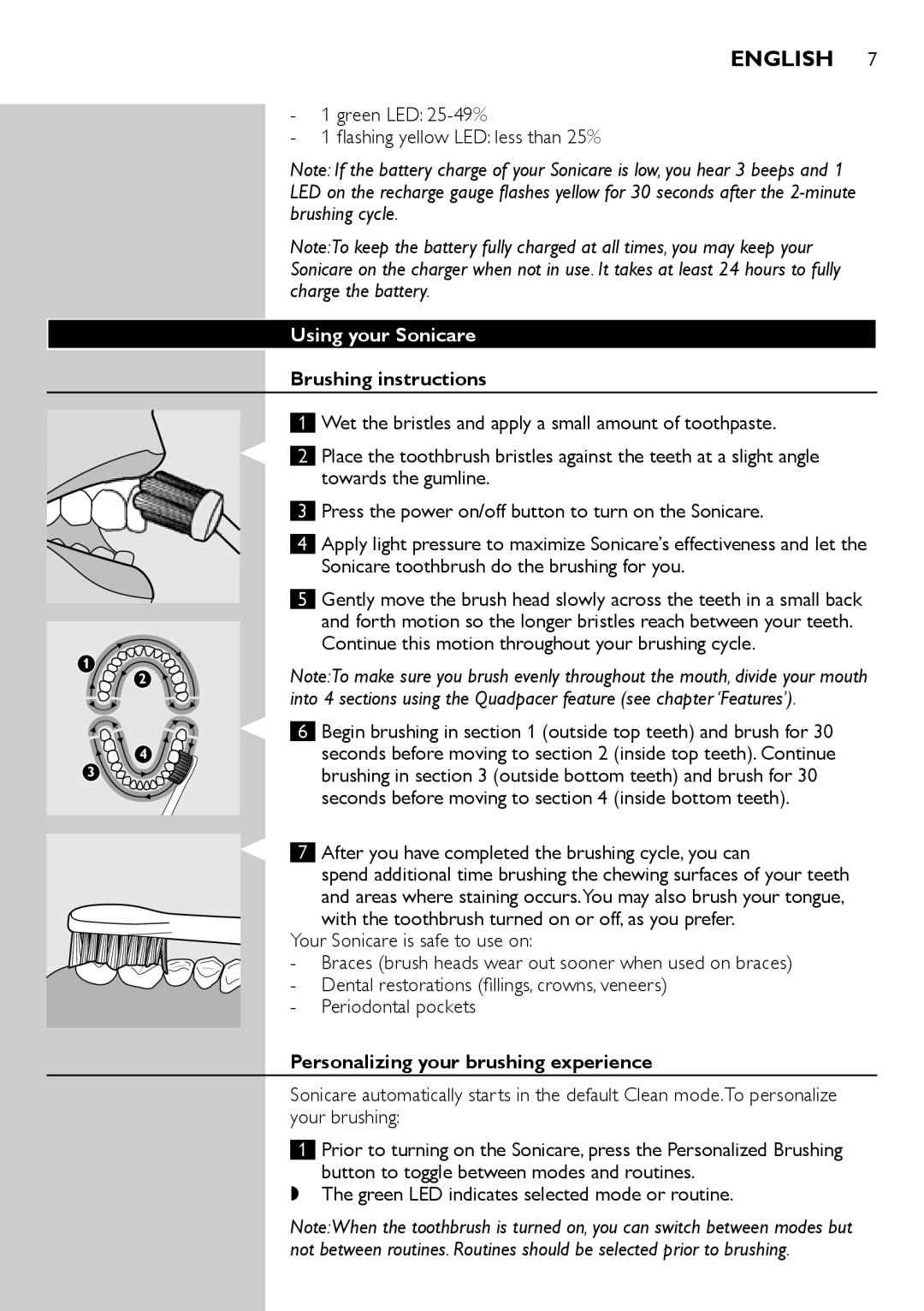 Philips 900 Series manual Using your Sonicare, Brushing instructions, Personalizing your brushing experience, English 