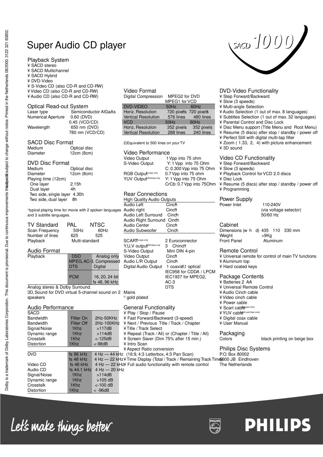 Philips 9000 Playback System, Video Format, Optical Read-out System, Sacd Disc Format, Video Performance, DVD Disc Format 