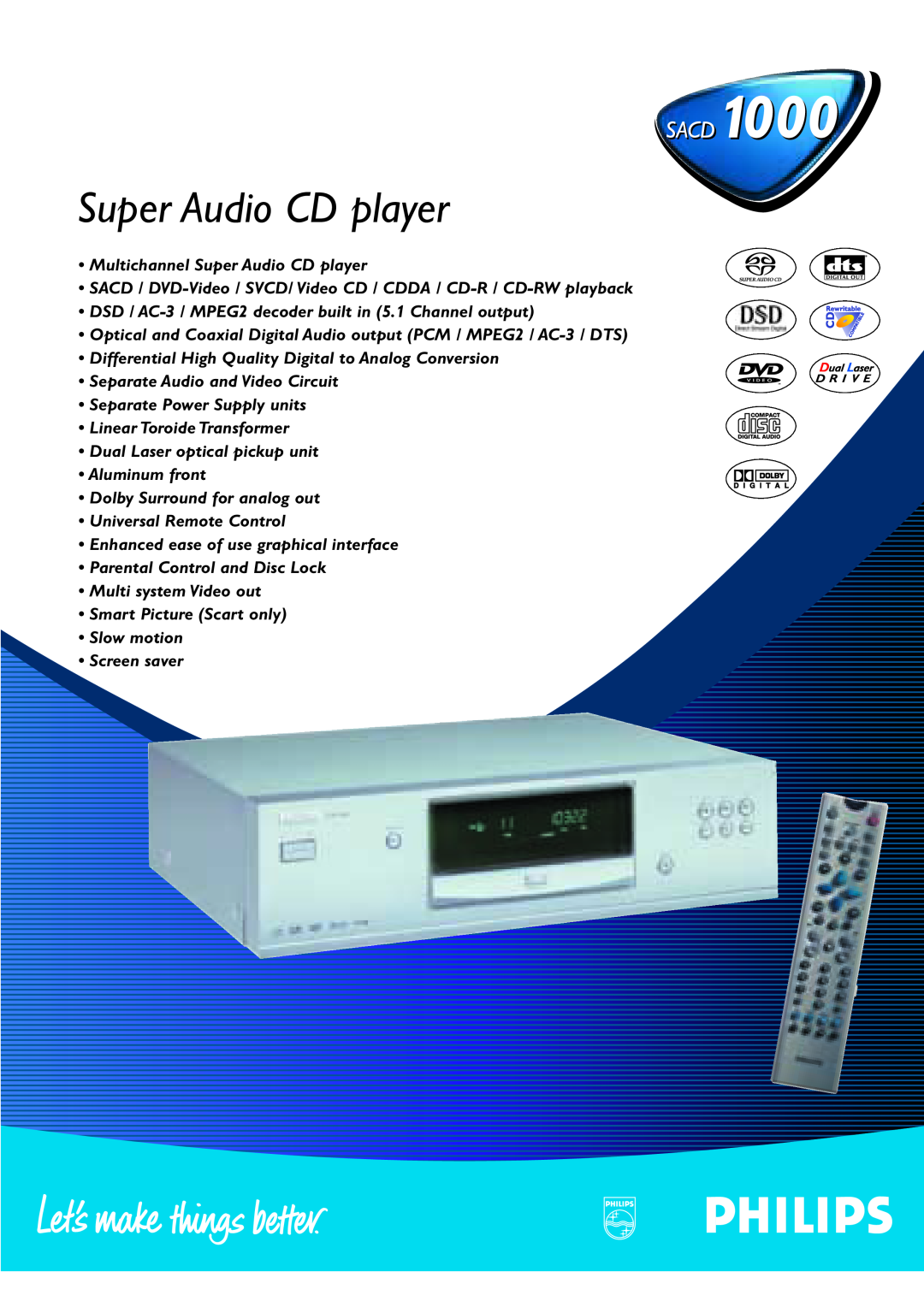 Philips 9000 manual SACD1000, Super Audio CD player 