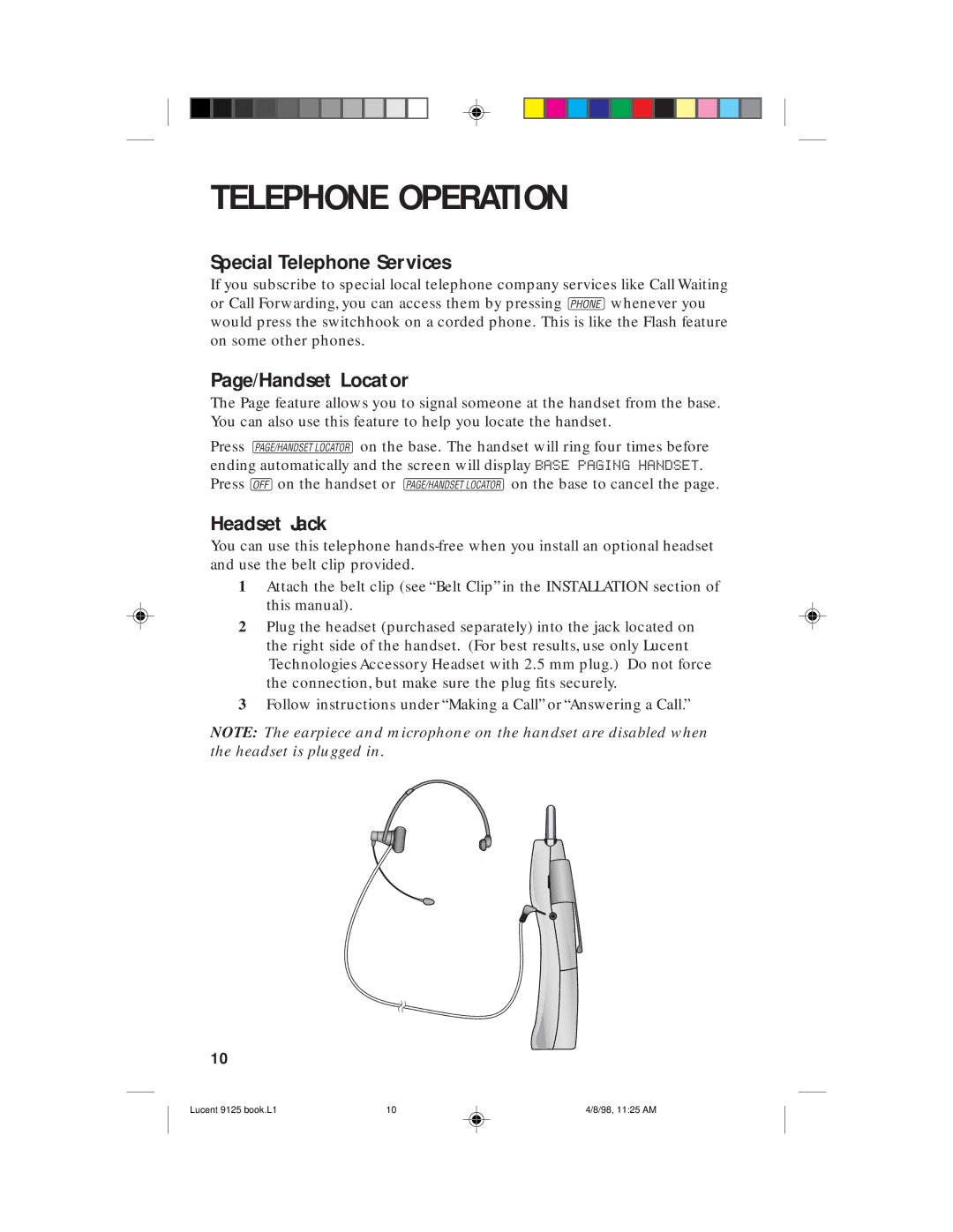 Philips 9125 user manual Special Telephone Services, Page/Handset Locator, Headset Jack 