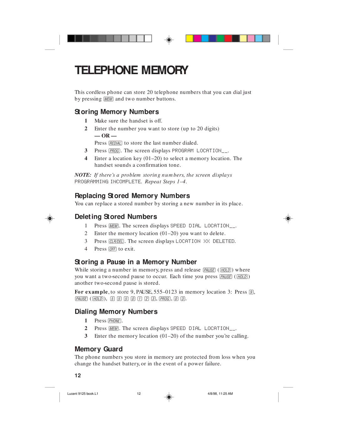 Philips 9125 user manual Telephone Memory 