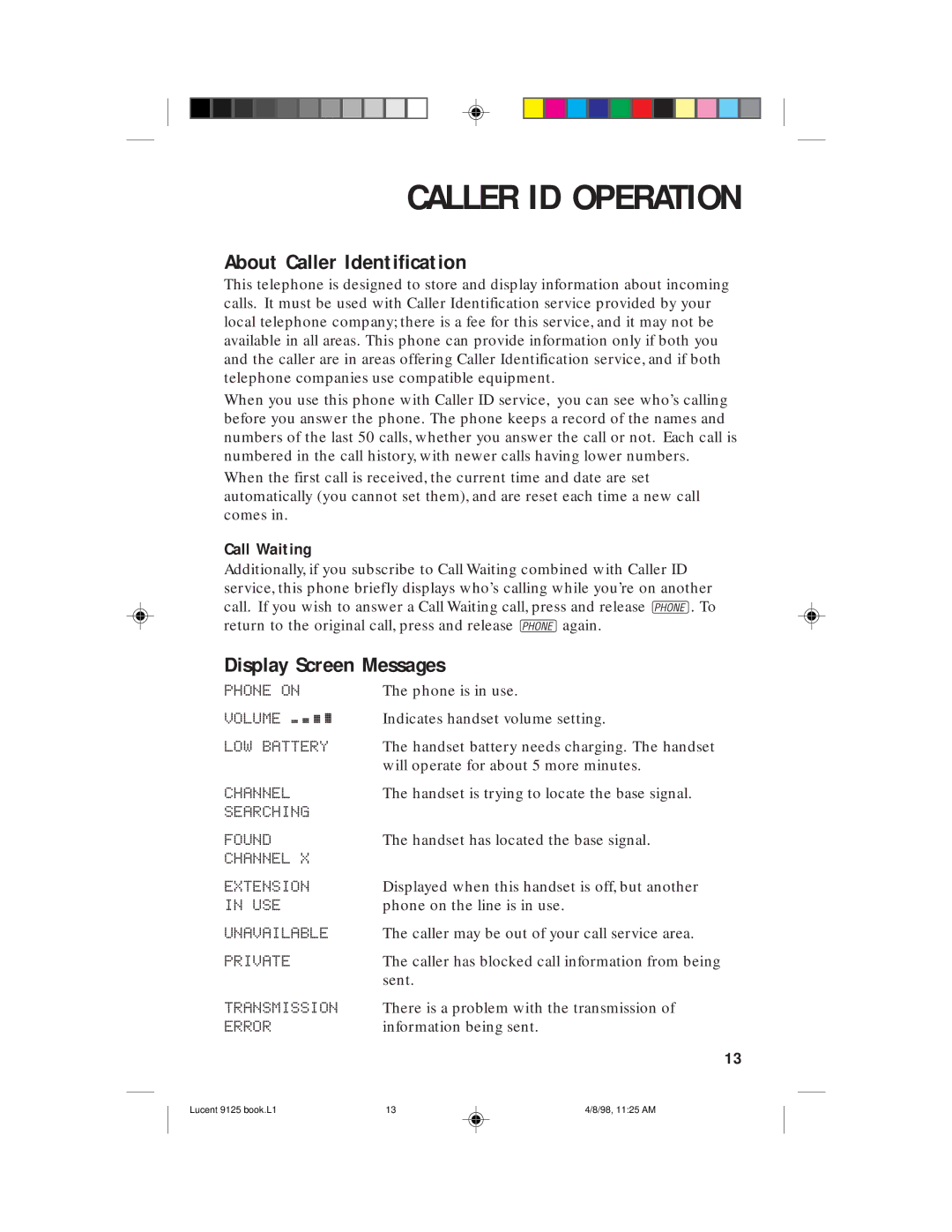 Philips 9125 user manual Caller ID Operation, About Caller Identification, Display Screen Messages 