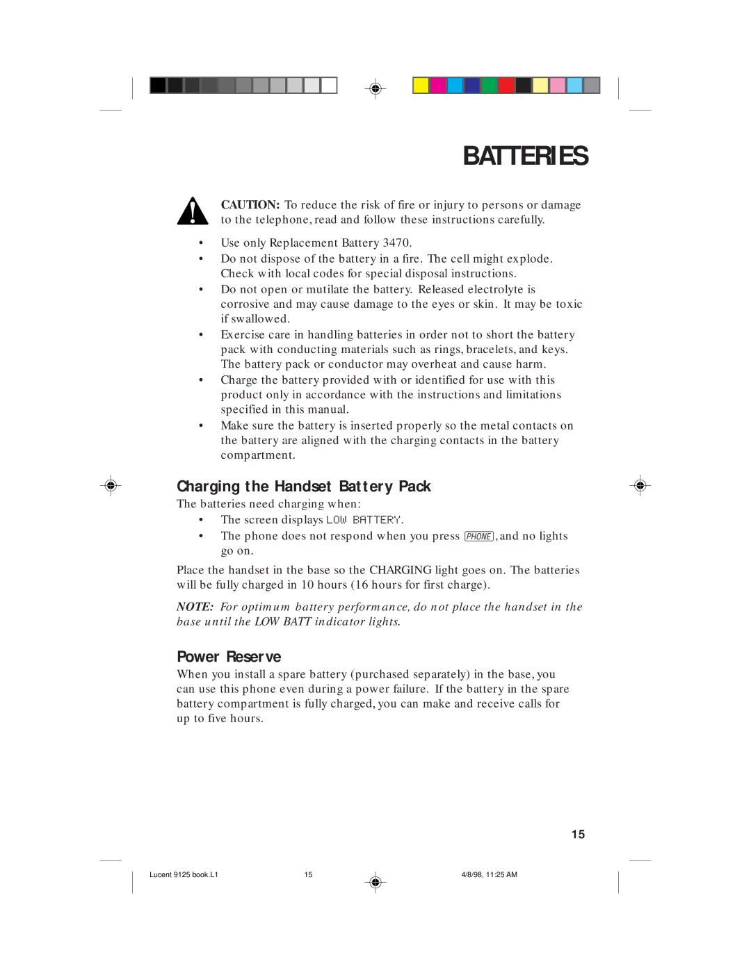 Philips 9125 user manual Batteries, Charging the Handset Battery Pack, Power Reserve 