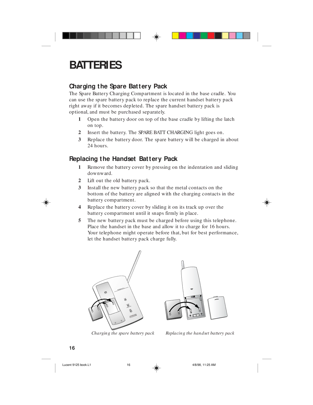 Philips 9125 user manual Charging the Spare Battery Pack, Replacing the Handset Battery Pack 