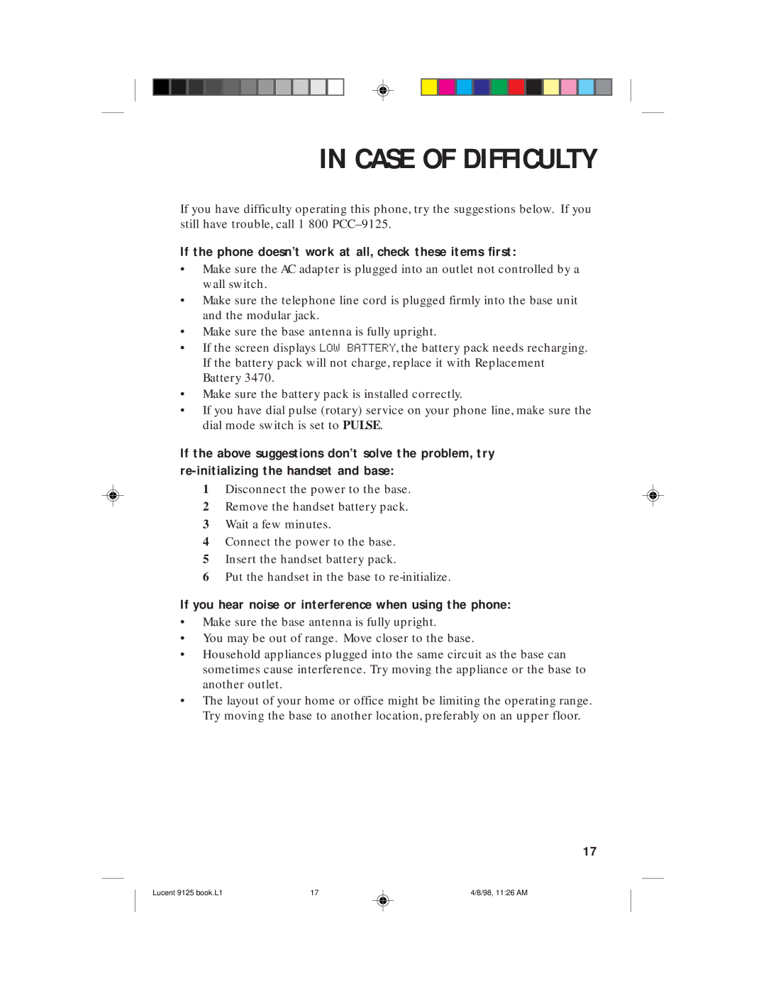 Philips 9125 user manual Case of Difficulty, If the phone doesn’t work at all, check these items first 