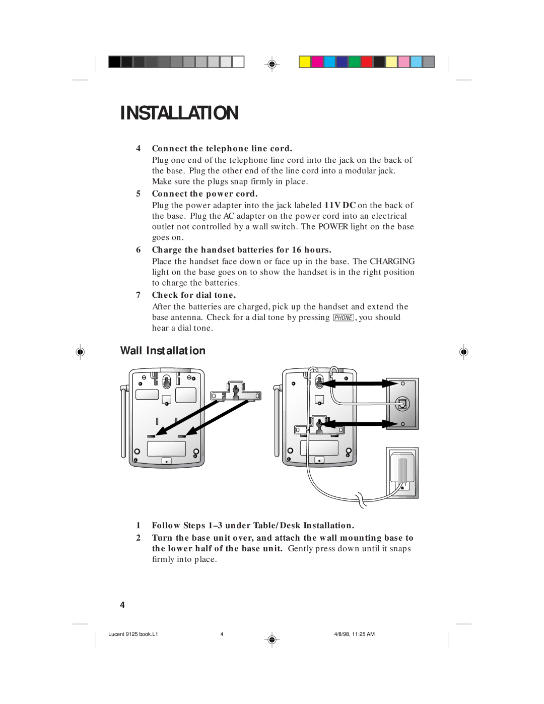 Philips 9125 user manual Wall Installation, Connect the telephone line cord 