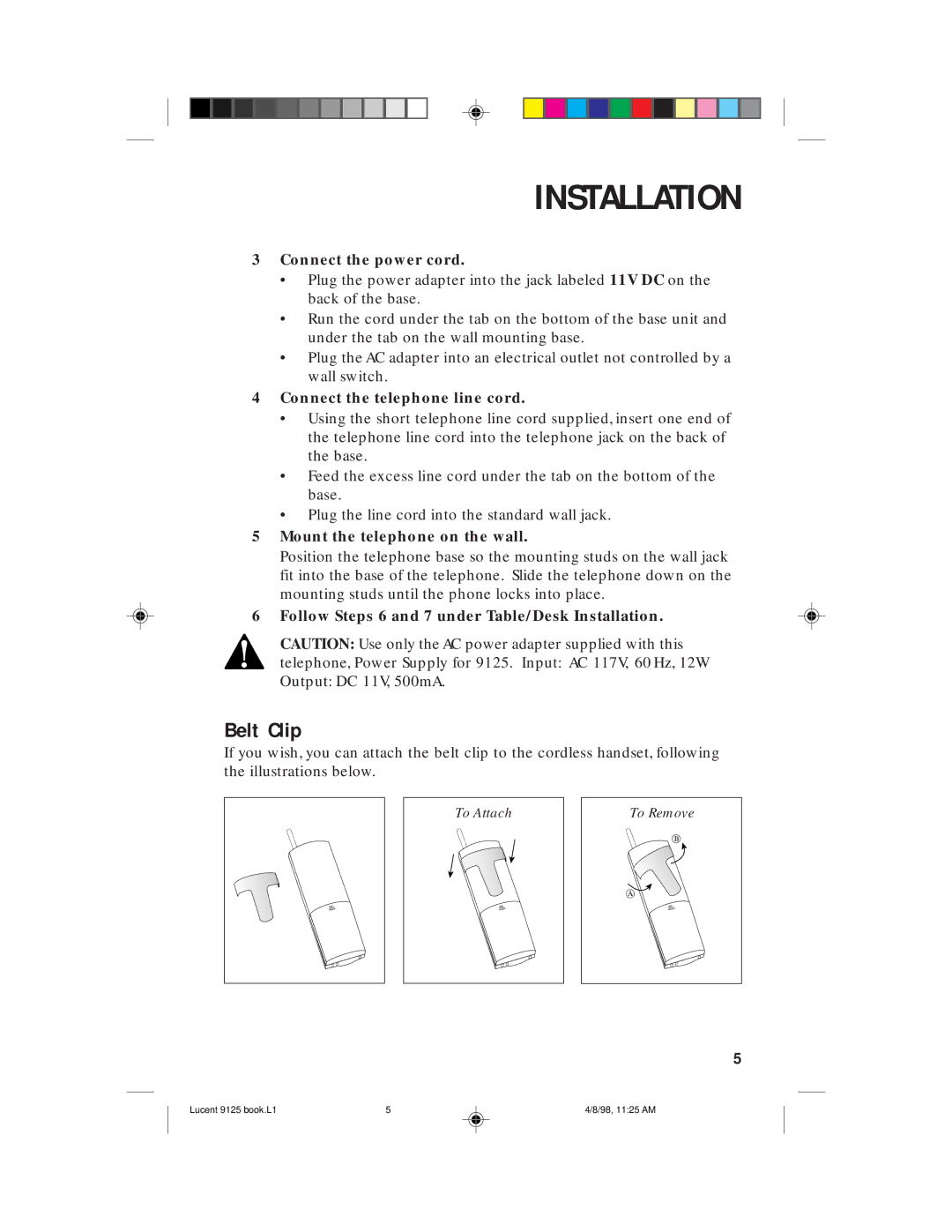 Philips 9125 user manual Belt Clip, Mount the telephone on the wall 