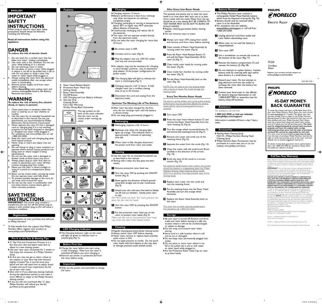 Philips 912X/40 important safety instructions Features, Charging, Recharging, Turn razor OFF, Battery Removal, Assistance 