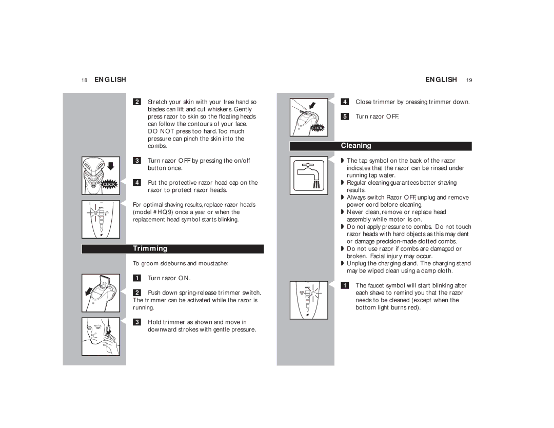 Philips 9160XL manual Trimming, Cleaning 