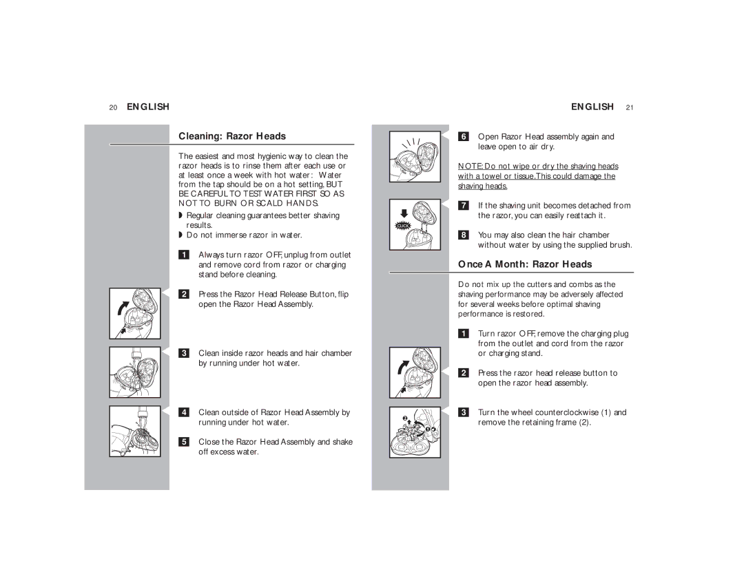 Philips 9160XL manual Cleaning Razor Heads, Once a Month Razor Heads 