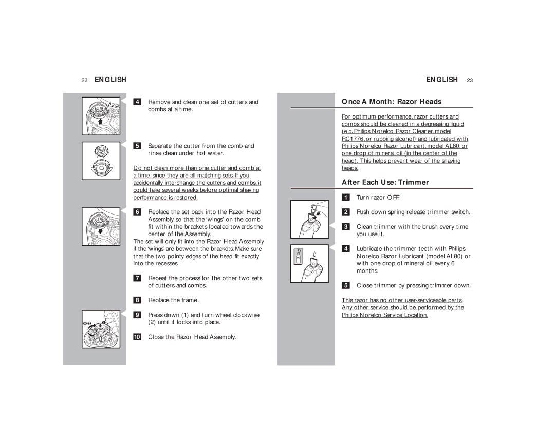 Philips 9160XL manual After Each Use Trimmer 