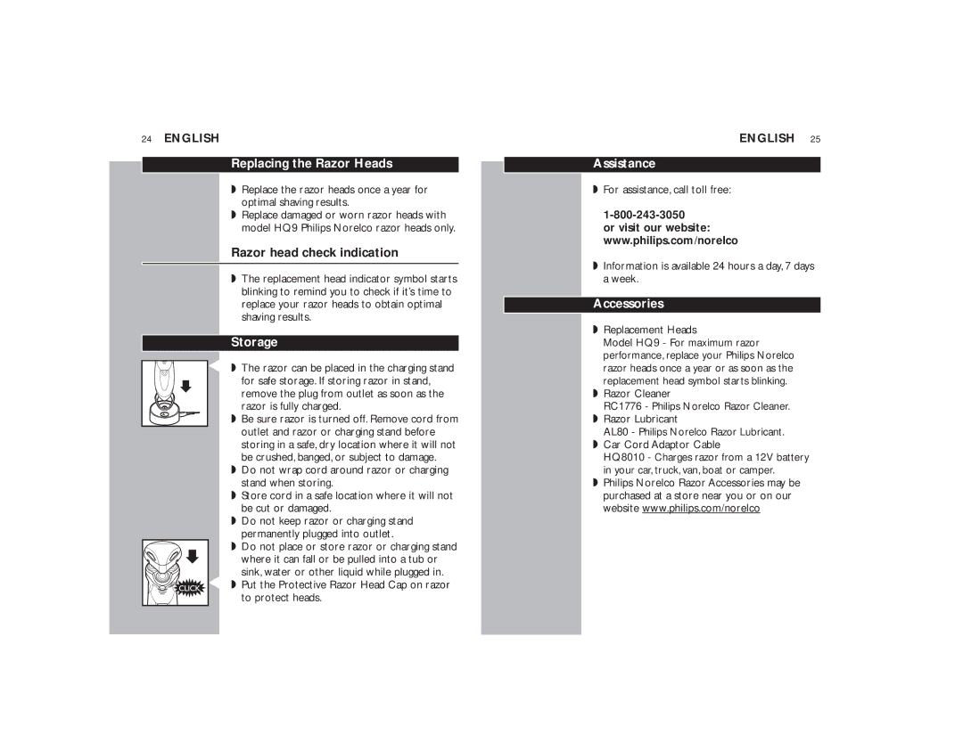 Philips 9160XL manual Replacing the Razor Heads, Razor head check indication, Storage, Assistance, Accessories 