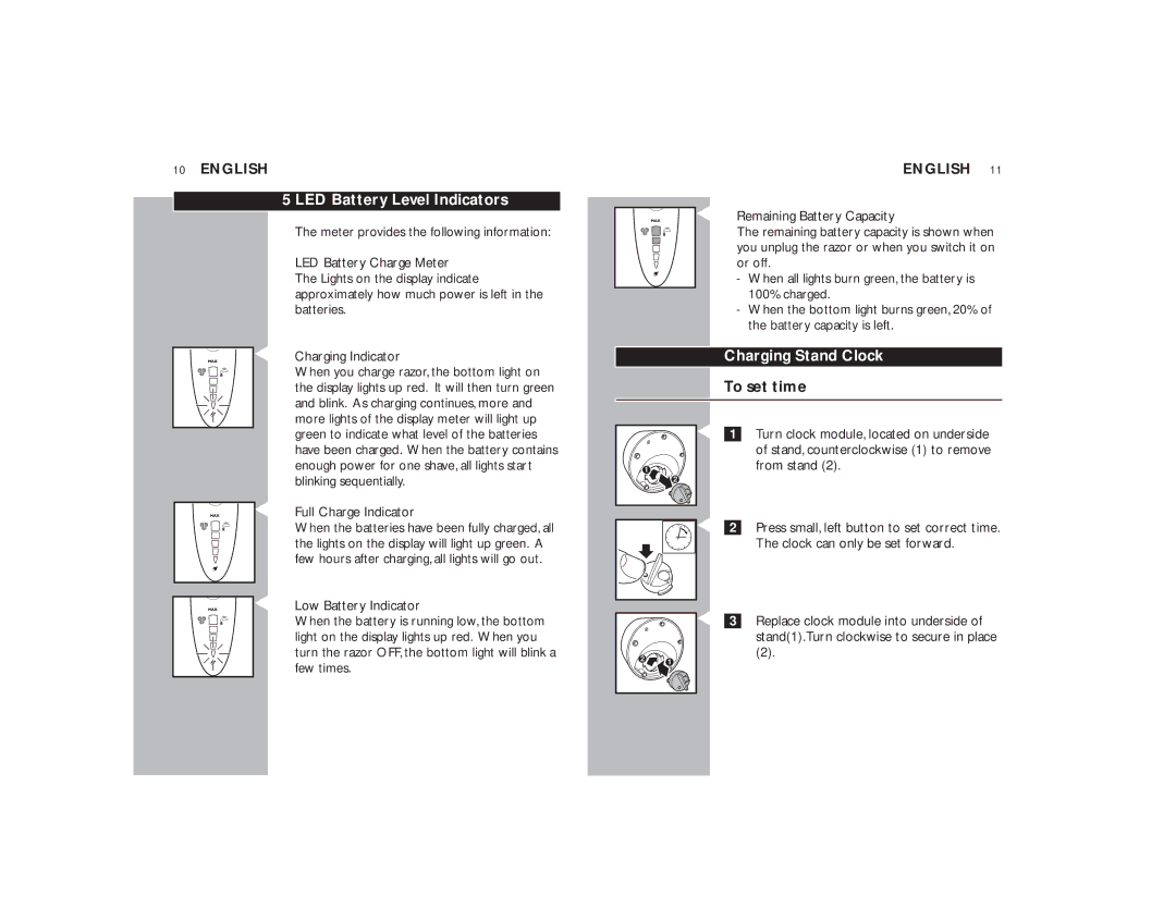 Philips 9160XL manual LED Battery Level Indicators, Charging Stand Clock, To set time, Full Charge Indicator 