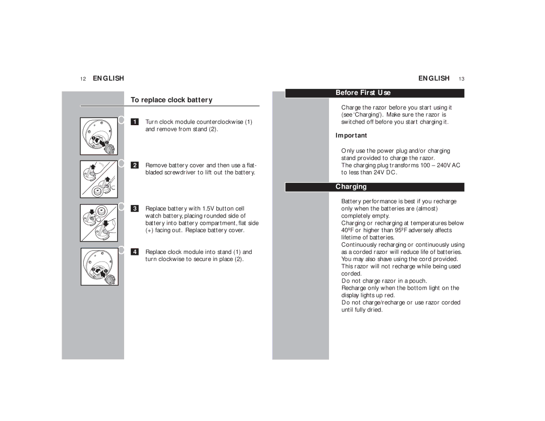 Philips 9160XL manual To replace clock battery, Before First Use, Charging 