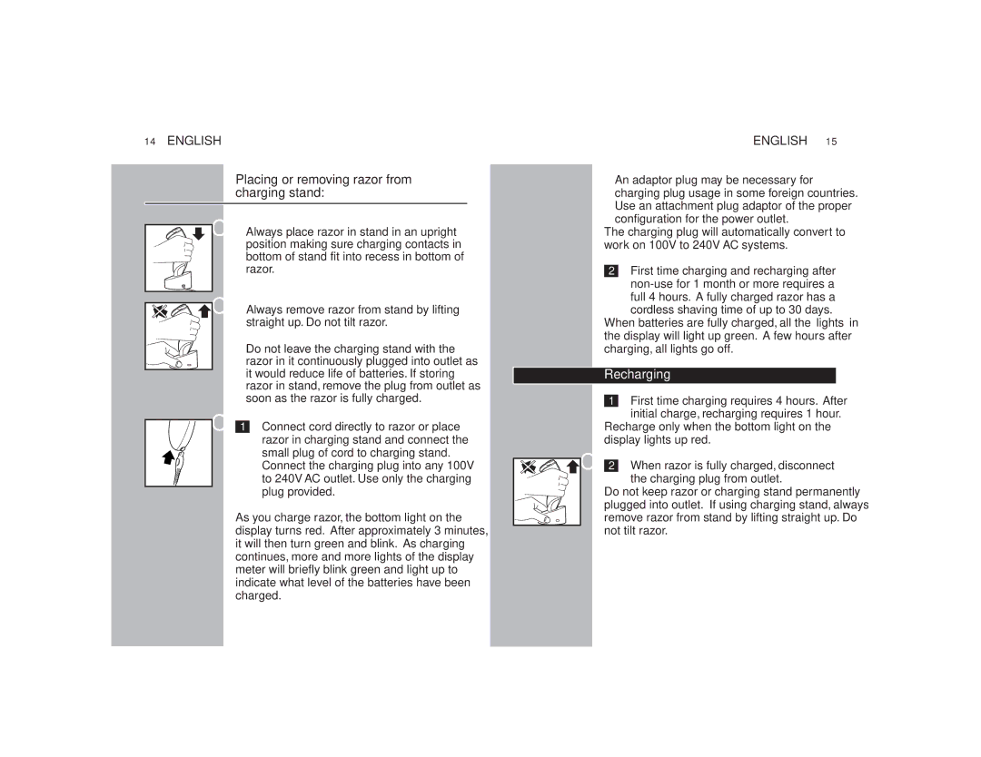 Philips 9160XL manual Placing or removing razor from charging stand, Recharging, Configuration for the power outlet 