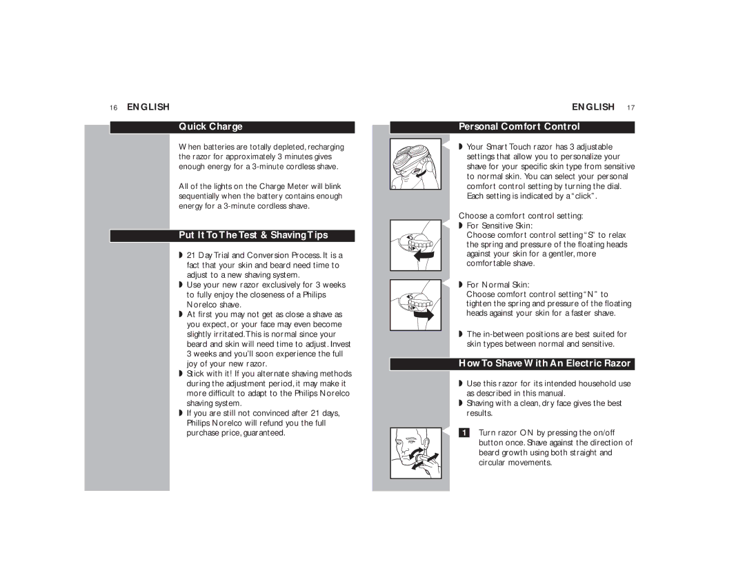 Philips 9160XL manual Quick Charge, Put It To The Test & Shaving Tips, Personal Comfort Control 