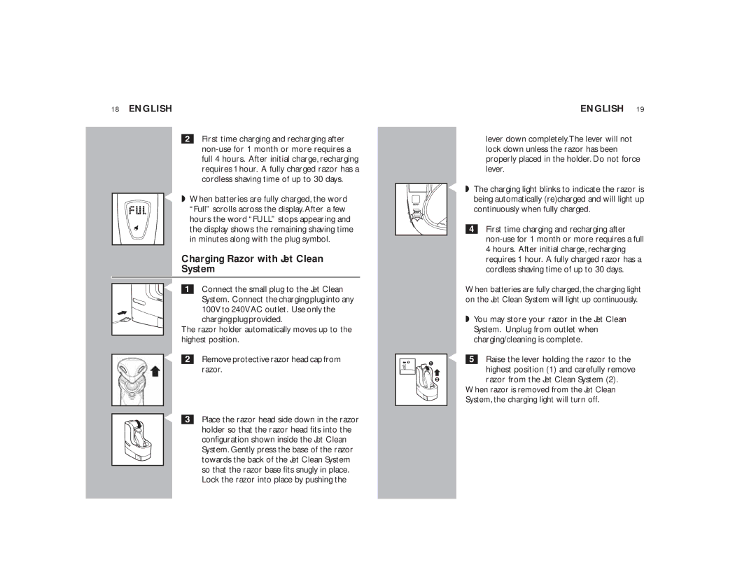 Philips 9170XLCC manual Charging Razor with Jet Clean System, Charging plug provided, Highest position 