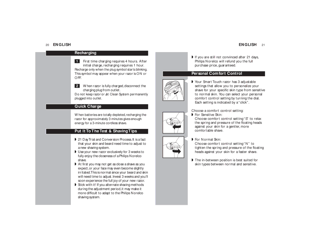 Philips 9170XLCC manual Recharging, Quick Charge, Put It To The Test & Shaving Tips, Personal Comfort Control 