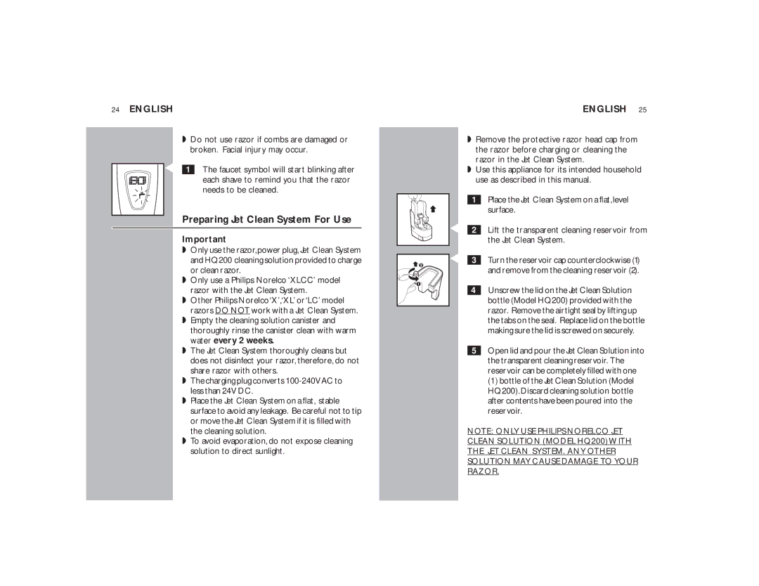 Philips 9170XLCC manual Preparing Jet Clean System For Use 